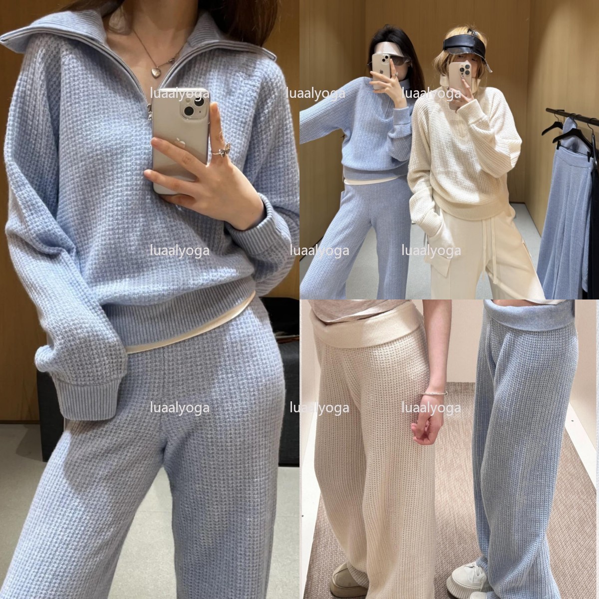 Designer Waffle Knit Zip Hooded Cardigan Set Pants Shorts Women Casual Outfit Waffle Knit Vest Loose Wide Leg Pants Loose Sports Long Knit Pants Yog