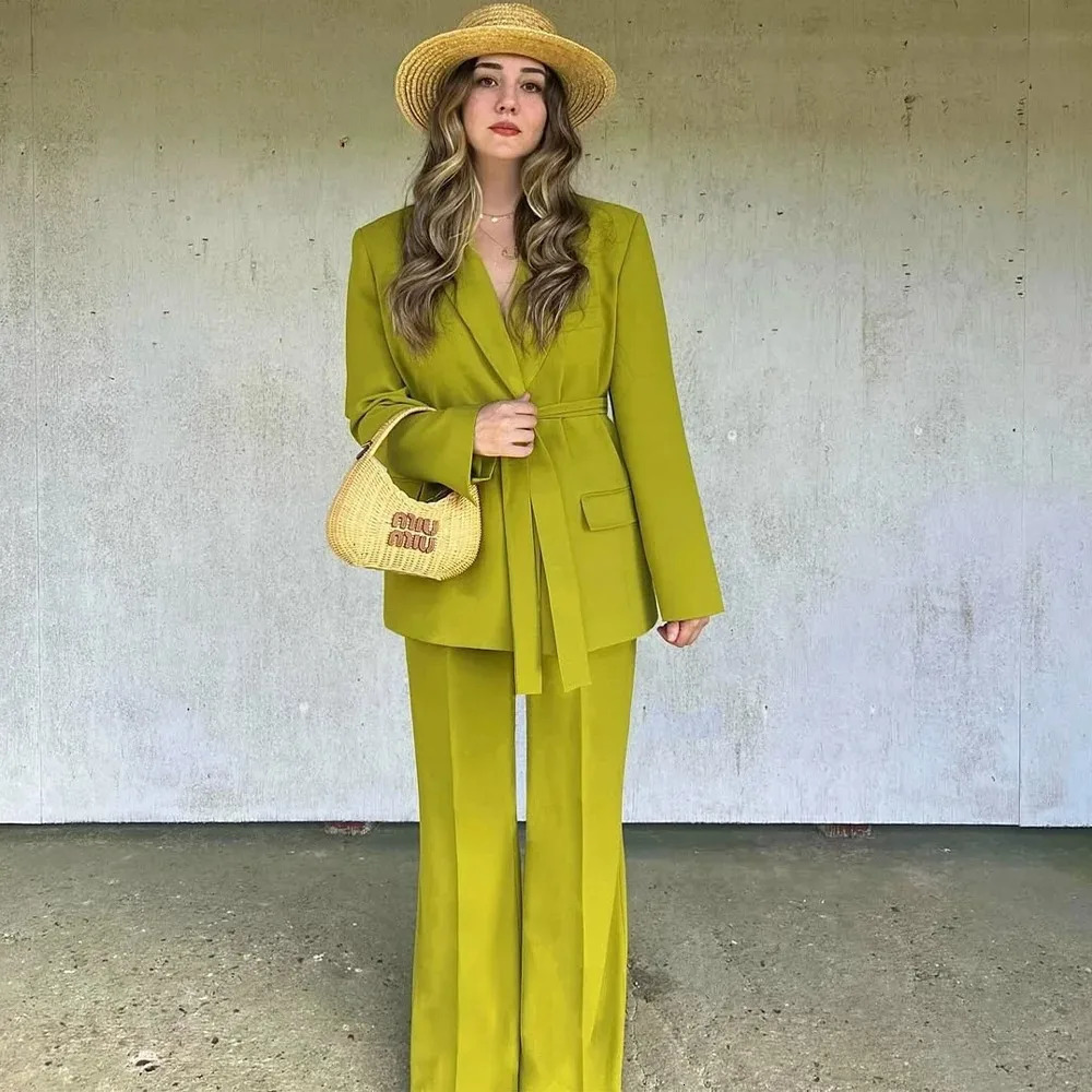 KONDALA Fall Winter Elegant Green Office Lady Suits Fashion Sashes Shrug Single Breasted Straight Blazers Chic Flare Pants 251030