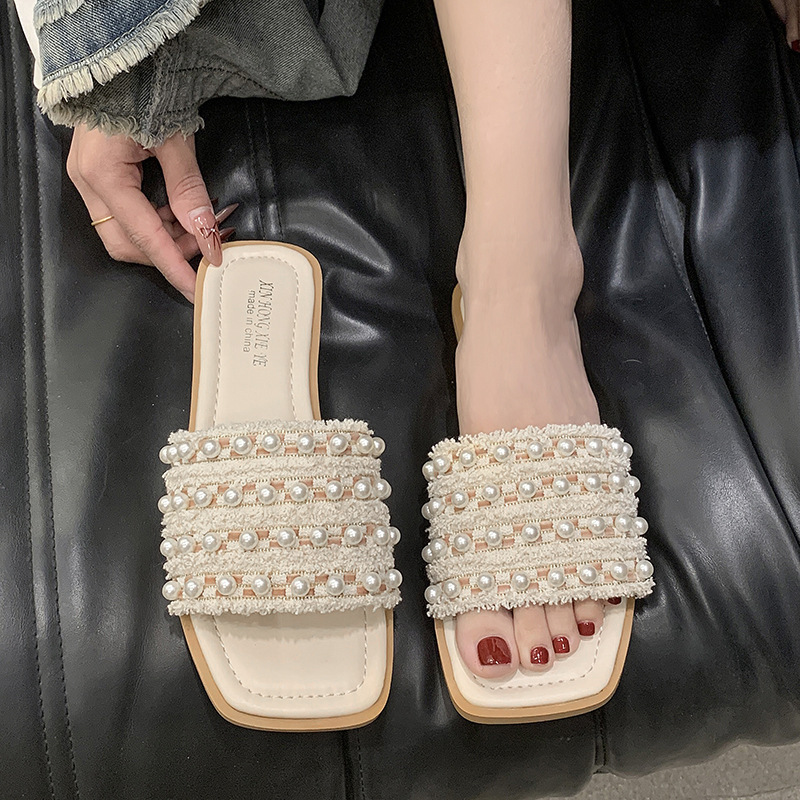 Women's new summer fashion look all match fairy wind beaded outside wear with skirt flat holiday slippers beach shoes