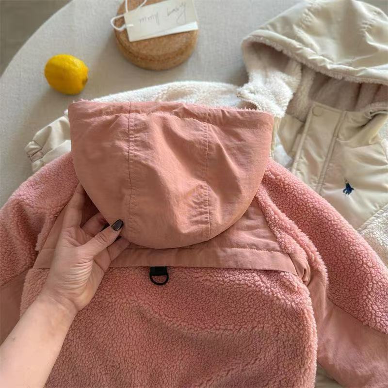 2026 New Designer Autumn Winter Kids Unisex Sherpa Fleece Patchwork Hooded Quilted Jacket Warm Cotton Coat For Boys Girls