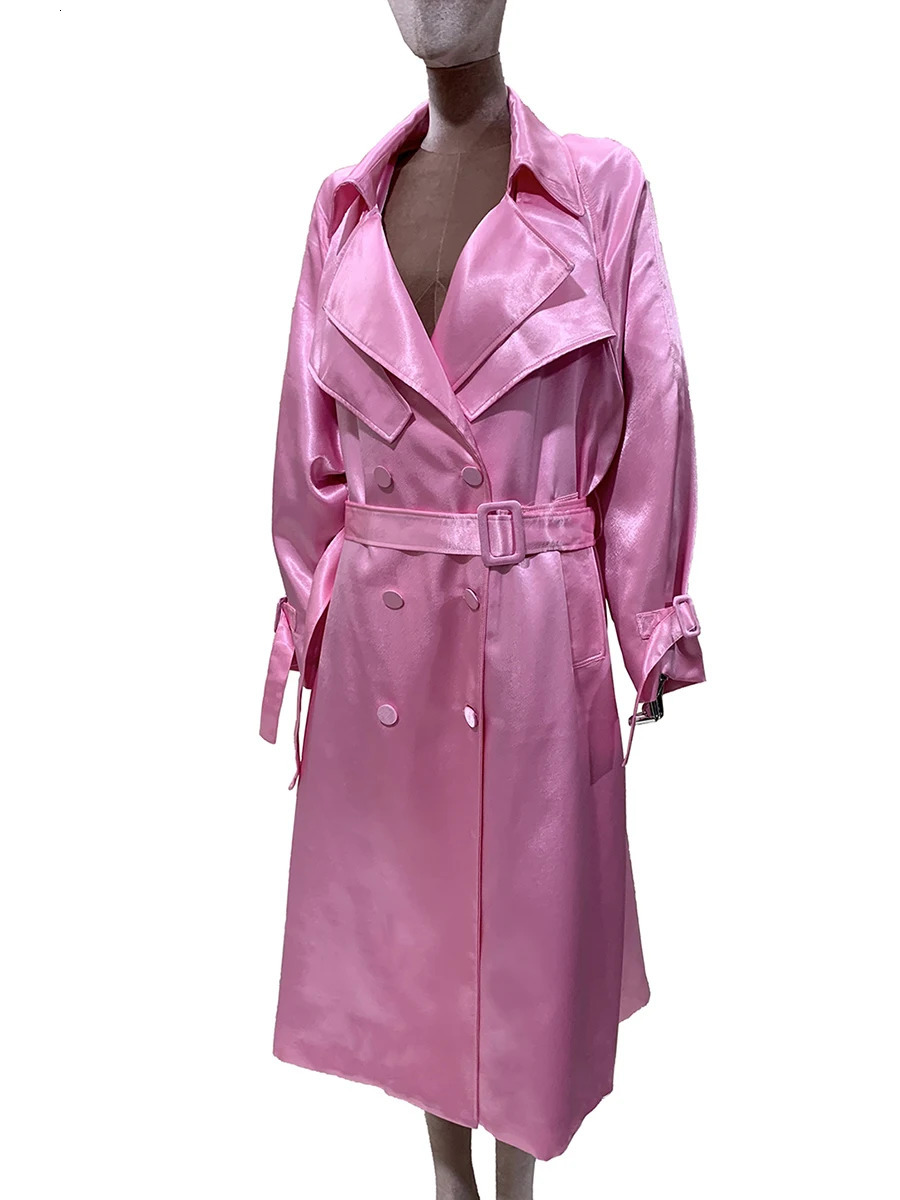 Mauroicardi Autumn Long Flowy Shiny Reflective Pink Trench Coat for Women Double Breasted Elegant n Clothes Fashion 251030 cc