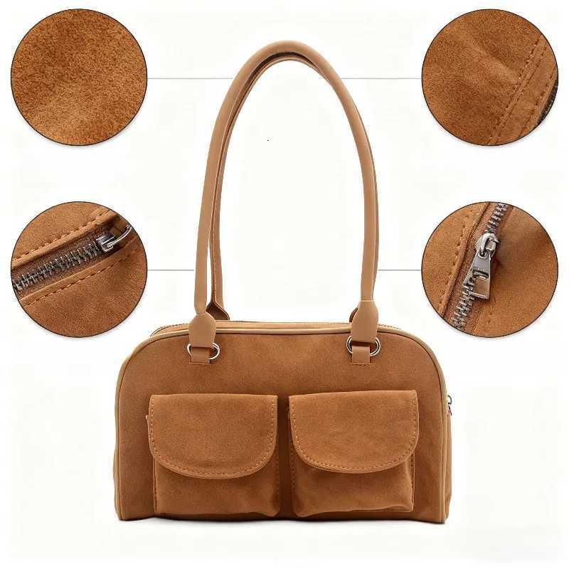 Vintage Suede Shoulder with Double Pockets Retro Style Top Handle Bag Womens Casual Handbag for Daily Wear X251104