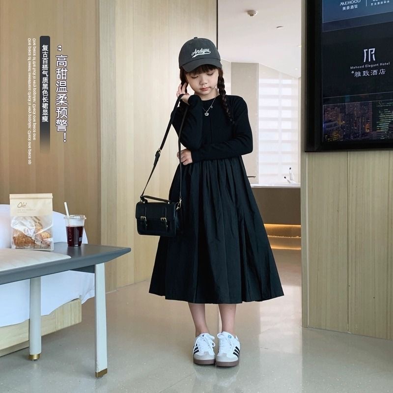 D613 Girls&#039; mid-length dress, trendy little girl&#039;s dress with a fitted waist, princess style, fashionable autumn and winter, thin and s-image-1083133915