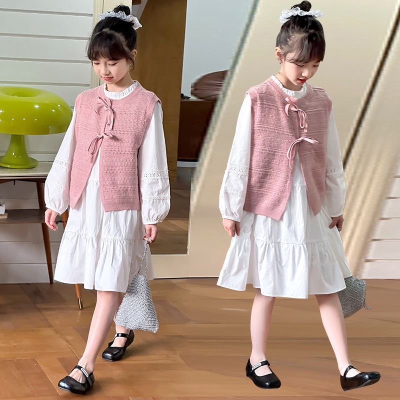 D618 Girls&#039; Spring Dress, Children&#039;s White Stylish Princess Dress, Girls&#039; Larger Children&#039;s Spring and Autumn School Style Ve-image-1083135042