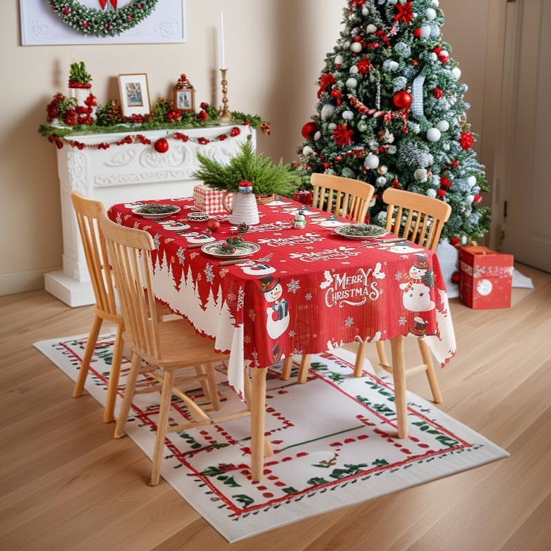 Retro plaid fabric rectangular white Christmas tablecloth with red and green accents - decorative table mat 4WX901-image-1083085722