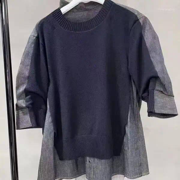 Women's Sweaters FOG SACAI Japanese Sle Spring Summer Splicing Denim Overhead Irt Ort Sve Bubble Design Sense Knitted Sweater