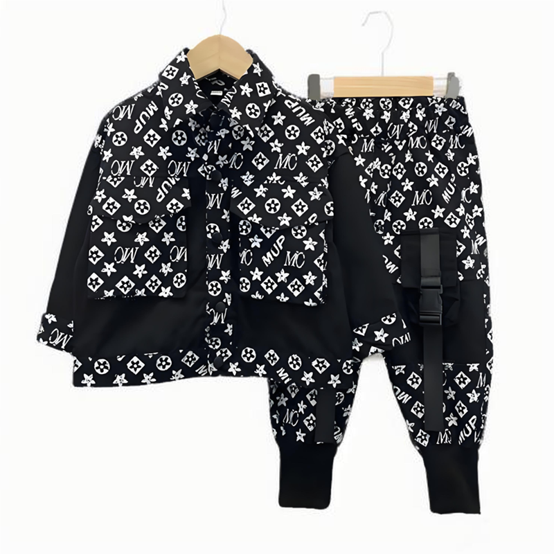 New Autumn Winter Kids Children Boy Shirt Jacket Coat Set Designers Cool with Knee Pocket Dungarees Pants Two piece Outfits Sports Tracksuit Bout-image-731534515