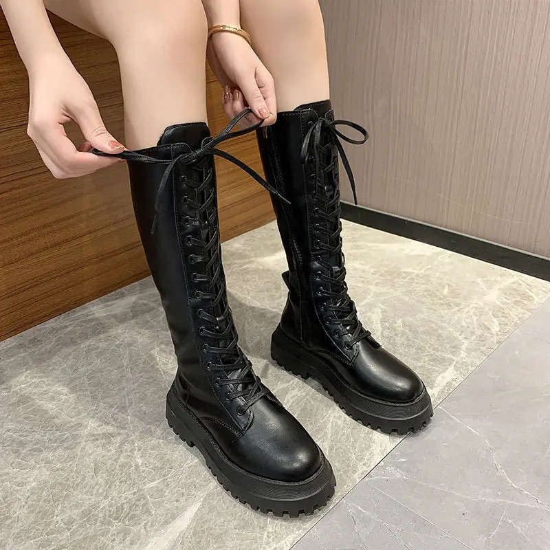 Womens knee high boots Spring Pu leather womens punk long lace up Cuissarde Femme zipper black Chelsea Botas Femininas 250402