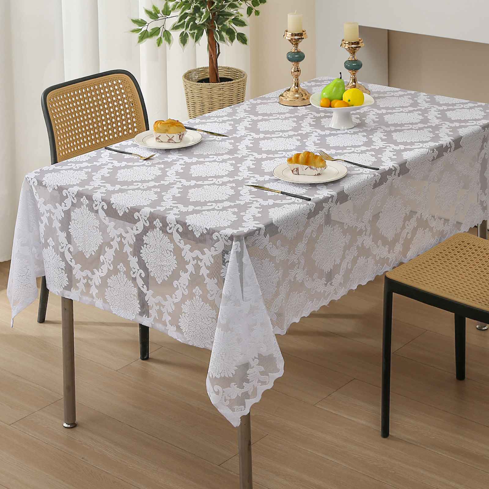 Nappe florale européenne en dentelle ajourée blanche de style américain, simple et artistique, pour salon, bureau et salle à manger.3TGM01