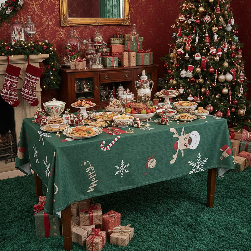 Festive Christmas Green Printed Tablecloth - Holiday Decorative Cover for Seasonal Home Decor. 68TC01-image-1103766539