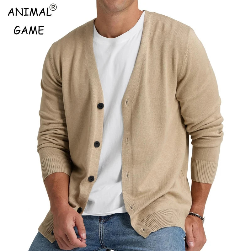 mens cardigan retro V neck long sleeved button down knitted sweater lightweight solid color jacket 250403