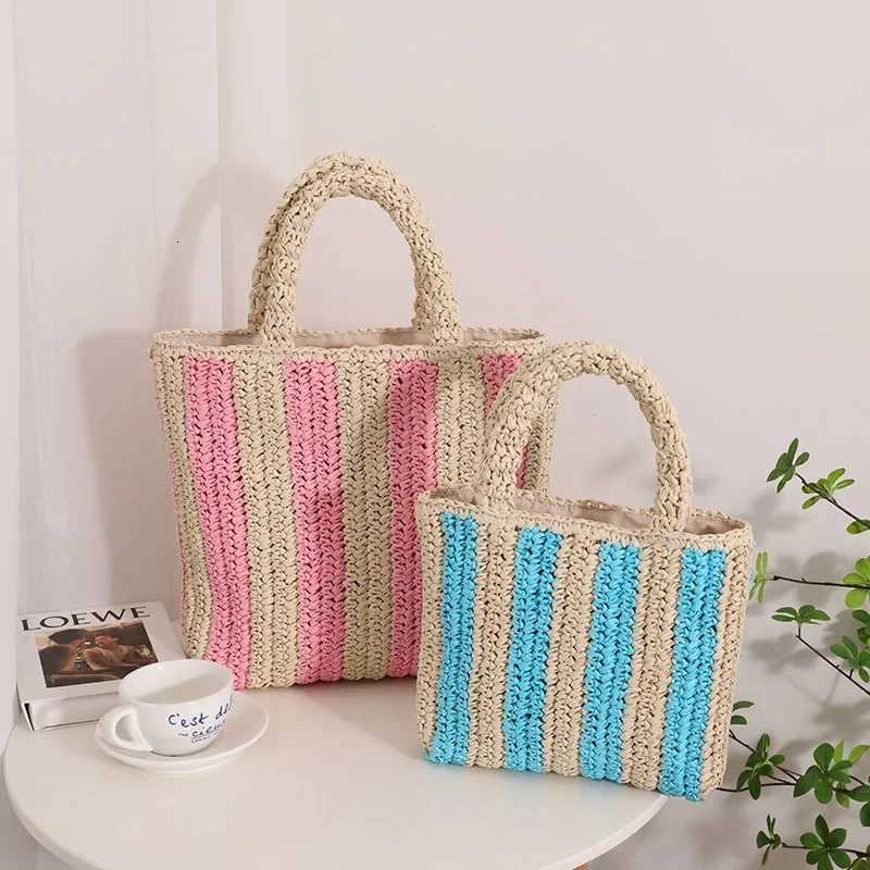 French Style Straw Woven Handbag Vertical Stripes New Fashion Color Block Beach Holiday Shoulder Bag Soft Cotton Liner Tote Bag W251104