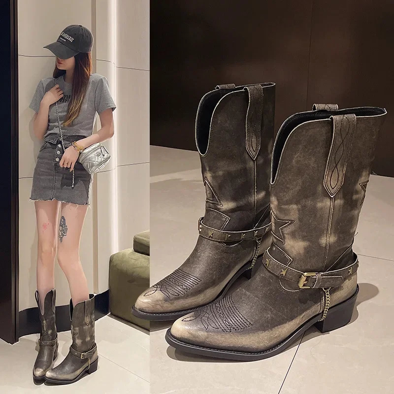 Womens retro denim mid calf boots denim square heel corner toe platform womens short and chubby heel Western style corner toe metal Botas 250402