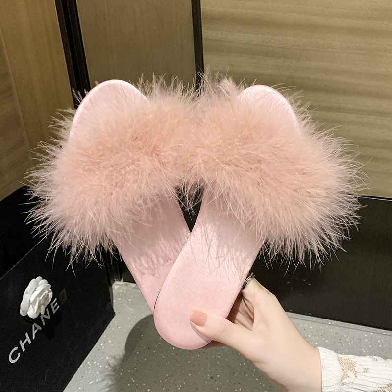 Women's new summer flat fluffy slippers wear fashion iuences low heel with feather flip-flops