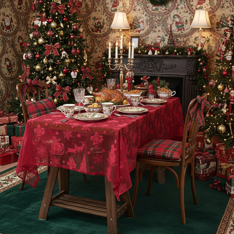 Red Lace Christmas Tablecloth - Decorative Holiday Pattern for Party Backdrop Festive Decor. LKNM01-image-1103767840