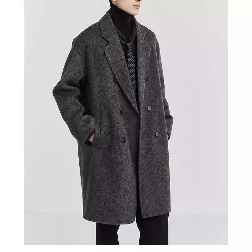 Mauroicardi Autumn Winter Loose Casual Grey Black Soft Warm Woolen Coat Men Lapel Double Breasted Korean Fashion 241223bj