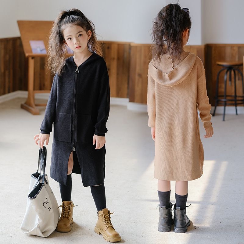 D624 Girls&#039; Cardigan Sweater 2023 Winter Korean Style Children&#039;s Clothing Mori Girl Hooded Sweatshirt Dress Casual Sports Dress-image-1083306657