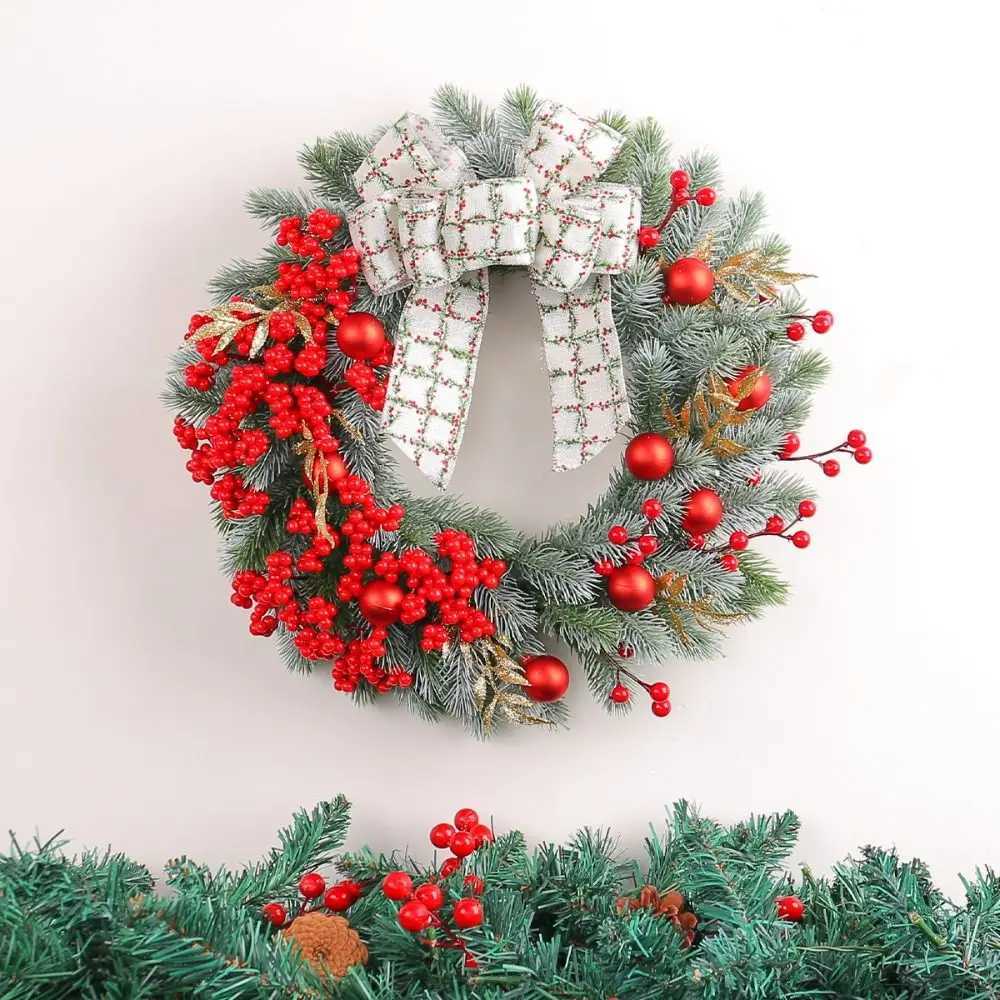 38cm Artificial Christmas Wreath Large with Berries Bow Christmas Red Fruit Wreath Realistic Handmade Window Door Hanging Wreath H251106-image-1083452917