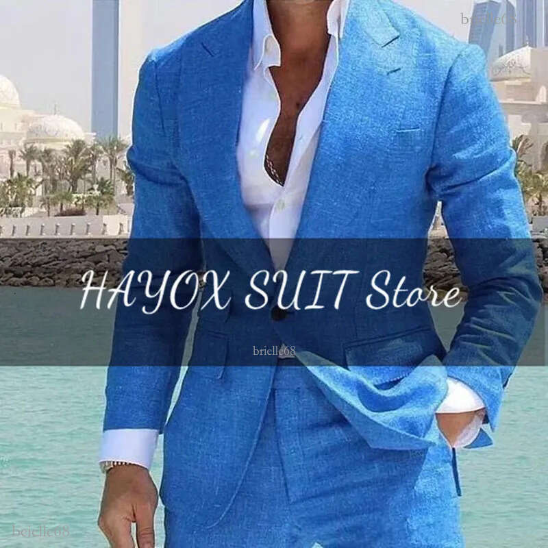 Men's Linen Suit Slim Fit One Button Formal Groom Wedding Party Dress Set Casual Two-Piece Sky Blue 2024