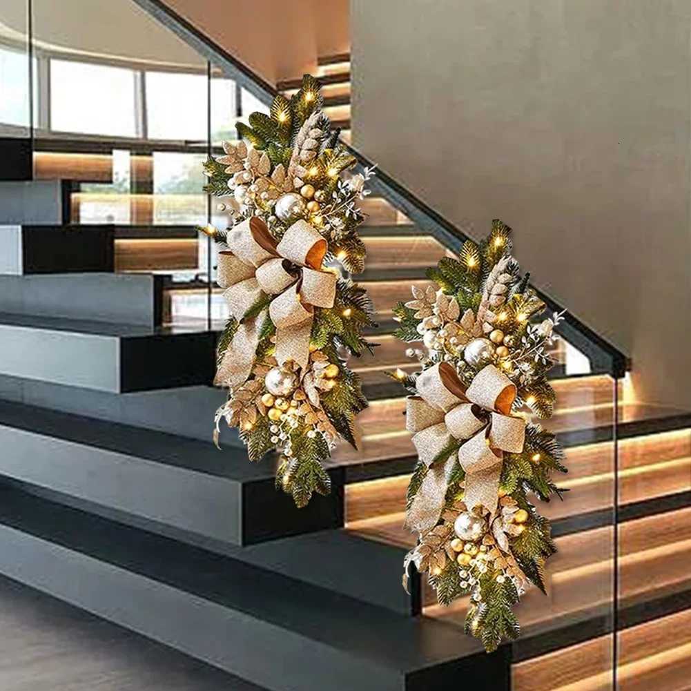 LED Artificial Garland Stair Wreath Prelit Christmas Wreath Garland Pine/Bow Light Up Cordless for Front Door Wall Window Stair H251106-image-1083452510
