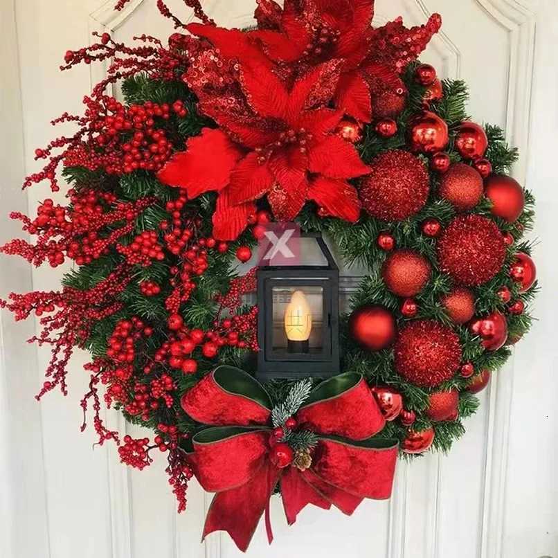 35cm Christmas Decoration Golden Wreath With Lamp For Front Door Red Ball Flower Garland Xmas Ornament Window Wall Hanging Decor H251106-image-1083452736
