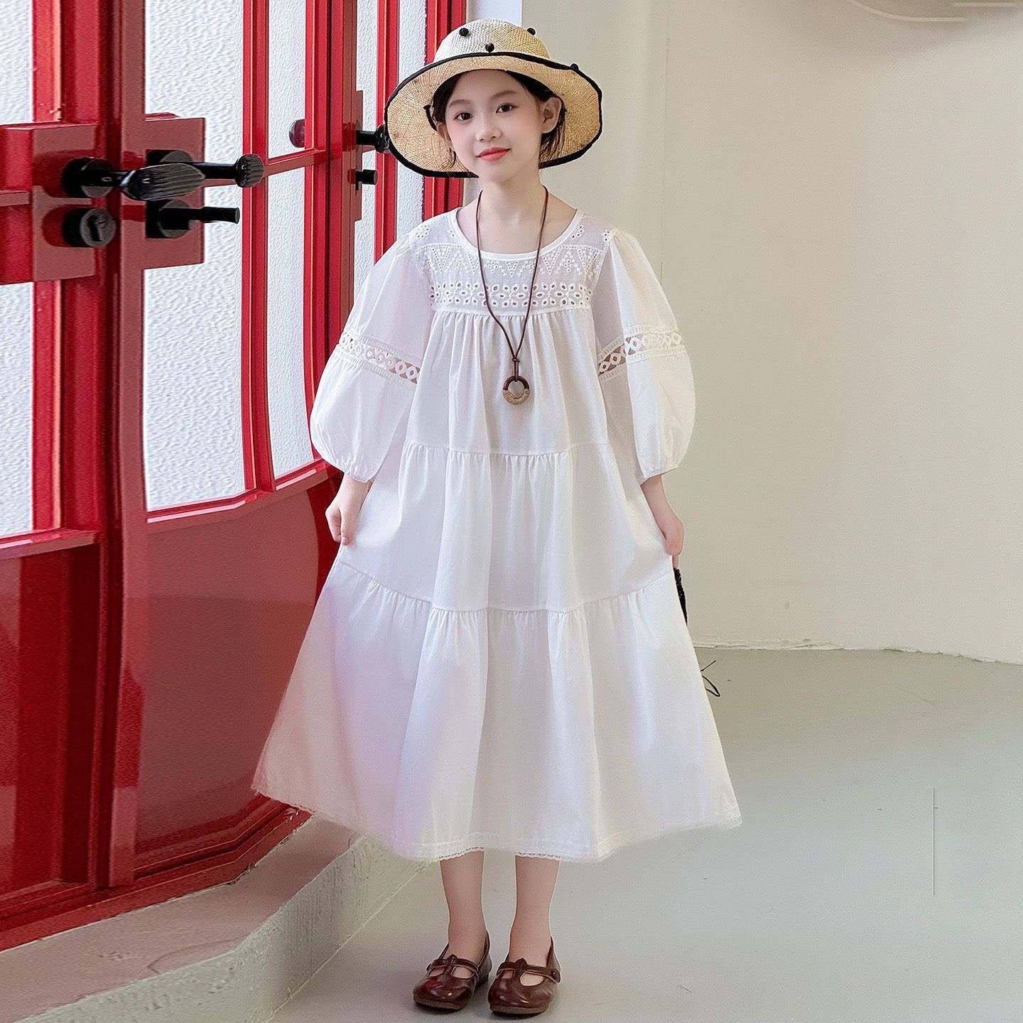 D634 Stylish Autumn Princess Dress for Little Girls, 2025 New Style, Super Fairy-like, Popular Online Girls&#039; Solid Color Sweet Puff Sleeve D-image-1083498384