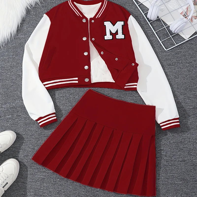 Two Piece Set Of Autumn And Winter Girls Letter Embroidery College Style Baseball Uniform Half Body Pleated Skirt Party Set 251105