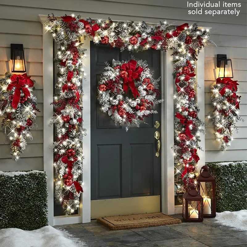 New 2024 Christmas Flocking Flower Garland Door Hanging Christmas Decorations Christmas Wreaths Rattan Upside Down Tree Ornament H251106-image-1083452043