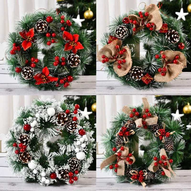 Christmas Wreath For Front Door Artificial Red Berries Pine Cones Bowknot Hanging Wreaths Ornament Xmas Window Wall Decorations H251106-image-1083454743