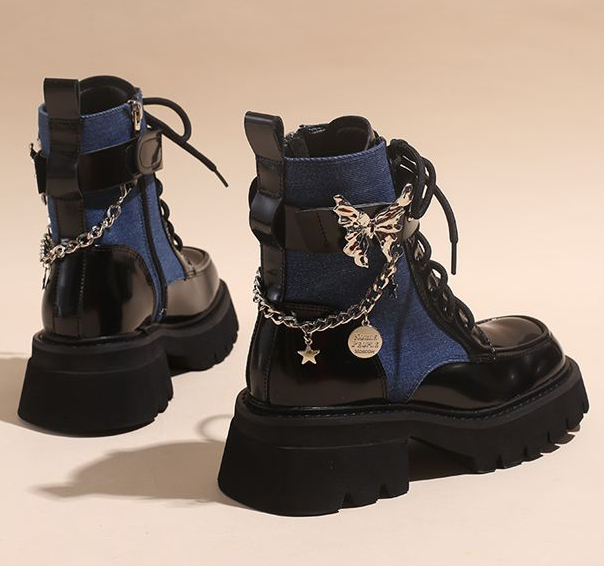 New designer shoes, new Chinese style women's Martin boots, thick soled niche denim boots, autumn and winter butterfly chain British street boo