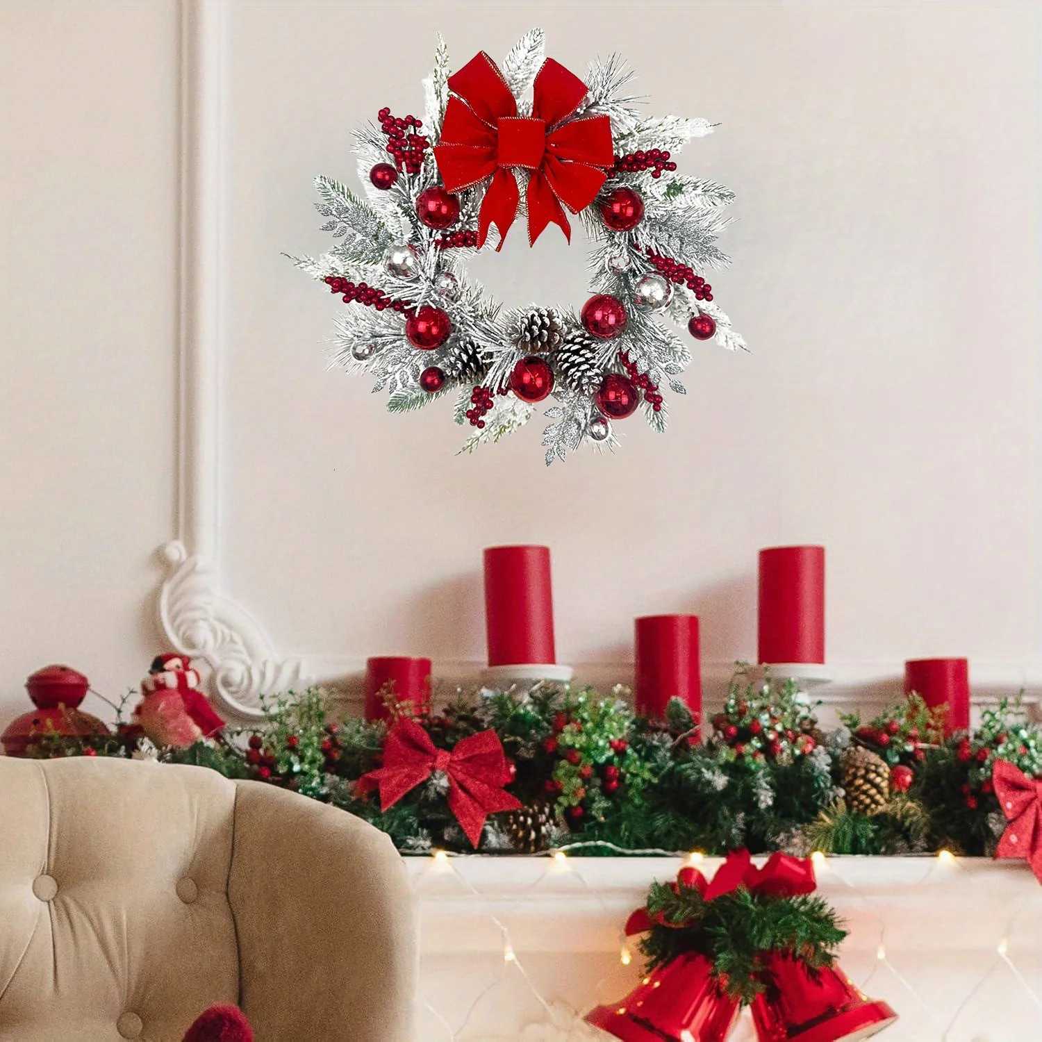 177in Christmas Wreath for Front Door 2025 New Year Hanging Garland Decorations Handmade Pine Berries Ball Ribbon Wreath H251106-image-1083453517