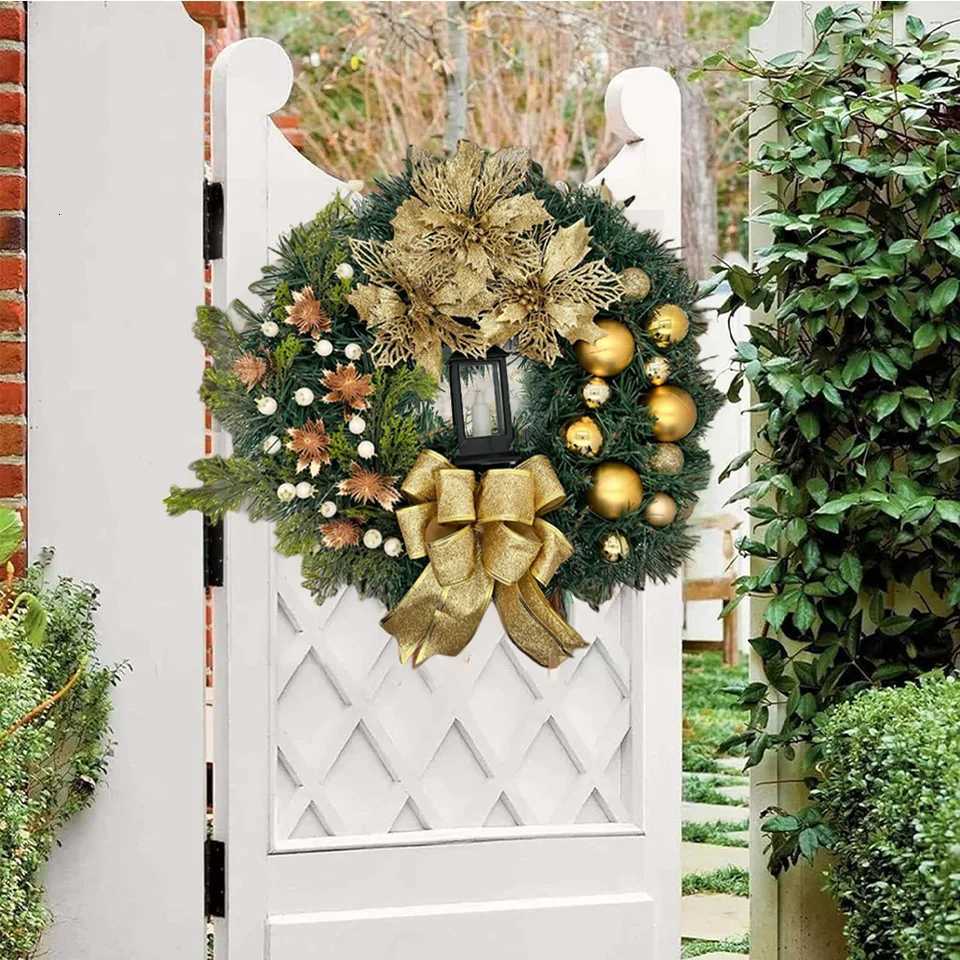 35cm Christmas Wreath With Lantern Front Door Garland With Large Bow Seasonal Ornament Christmas Decoration For Front Door Wall H251106-image-1083453444