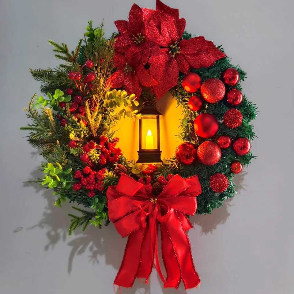 40cm Christmas Wreath with Lamp Red Flower Bow Ball Front Door Garland Xmas Ornament Window Wall Hanging Decor Christmas Decor H251106-image-1083453062