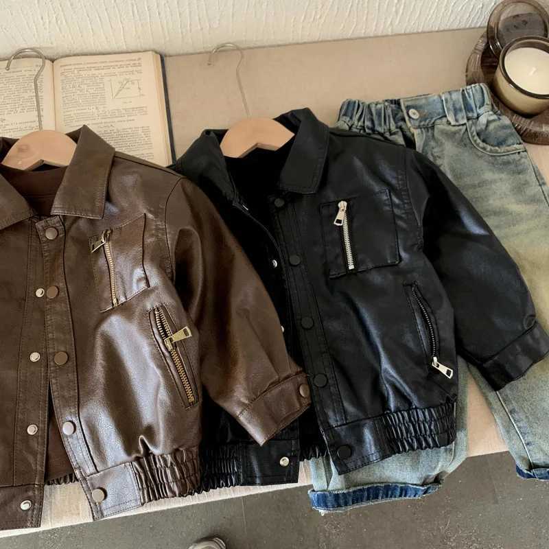 Boys Coats 2025 Autumn Spring Children Clothes Fashion Trendy Cool Solid Color Brown Black Outerwear Leather Jacket L251105-image-1083495032