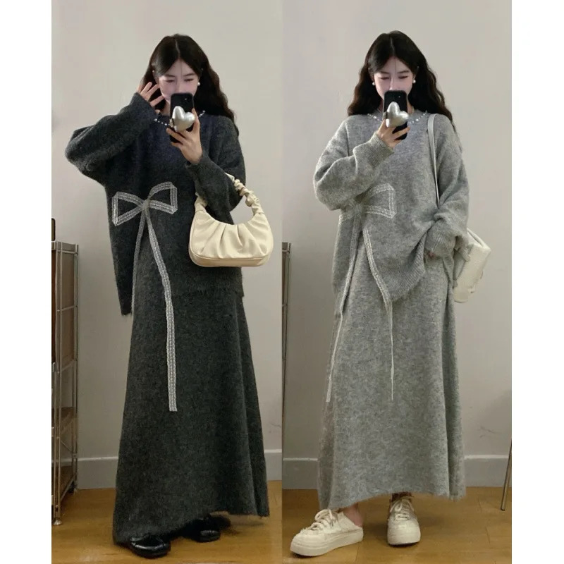 Plus Size Autumn Winter plus Womens Butterfly Knot n Sweater Top Slimming Knitted Skirt Set Comfortable Casual Com 251105 77