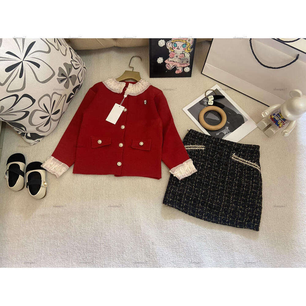 Top girls dress set Autumn child overskirt kids designer clothes Long-sleeved Lace collar jacket and skirt A095X03N284 short-image-1083393780