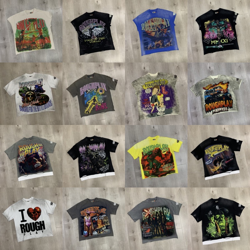 Roughplay Rockout Chemise Chemise Designer Hommes Roughplay Chemise Mode Lavé Trou Distressed Diamond Patchwork T-shirt à manches courtes