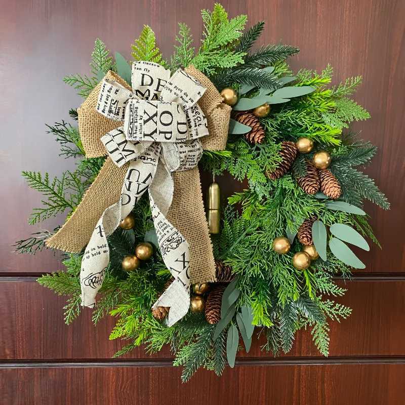 YeeNanee Artificial Norfolk Pine Christmas Wreath with Bow Bell Cypress Greenery Winter Wreath for Front Door He Decoration H251106-image-1083452869