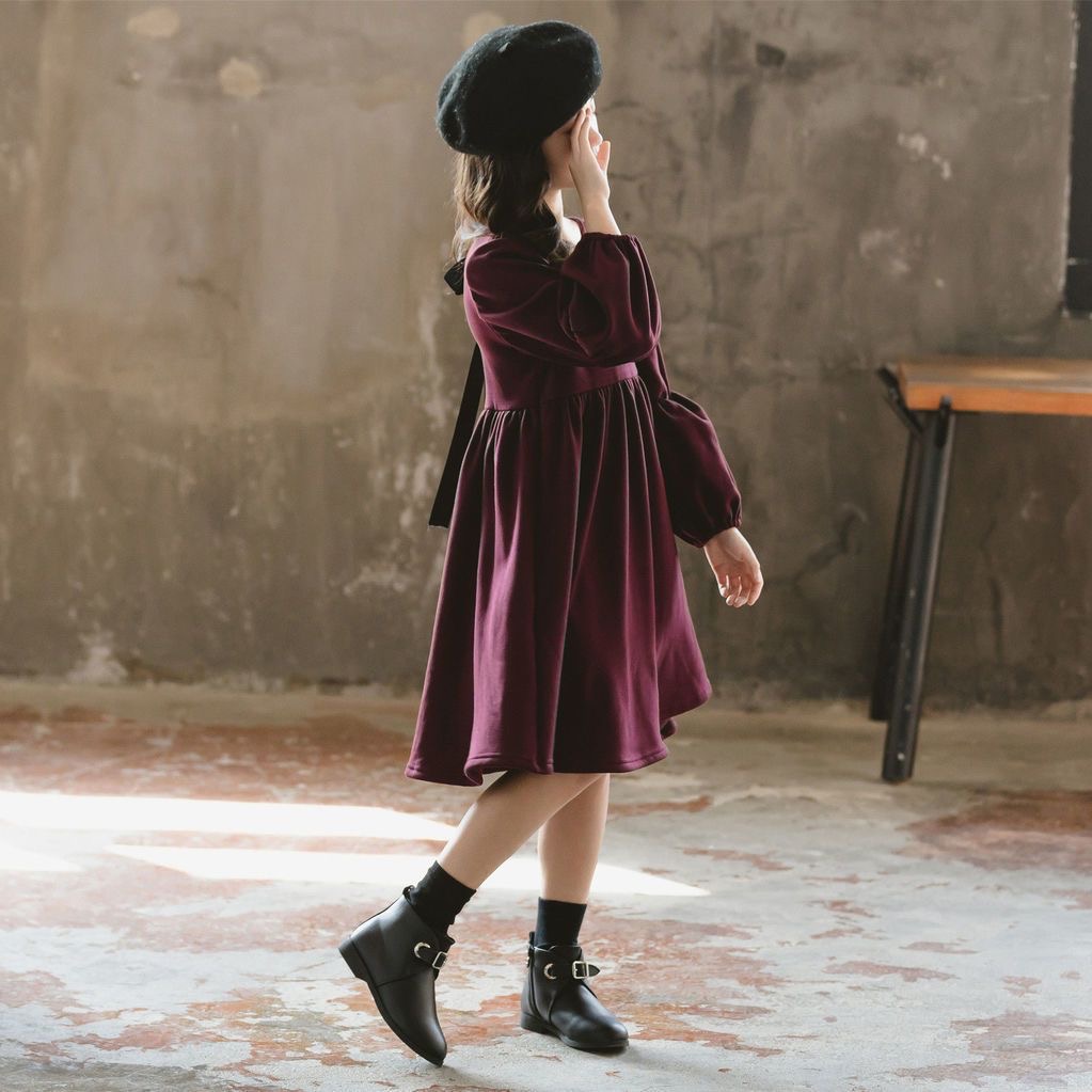 D652 New winter black Korean style girls&#039; dress, fleece-lined, popular children&#039;s dress for medium and large children, long-sleeved dre-image-1083885600