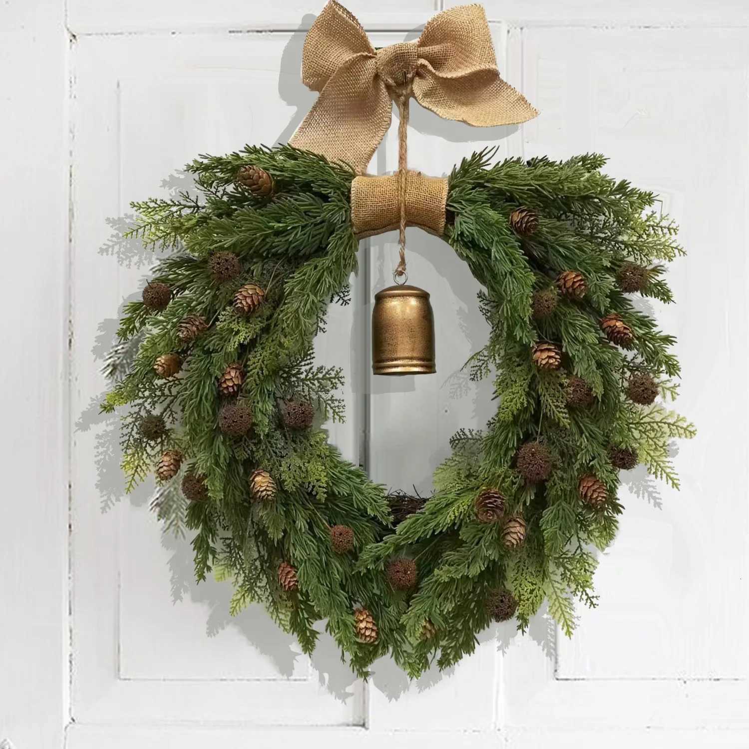 Christmas Pinecone Wreath with Bell Door Hanging Shaped Vine Wreath with Linen Bow for He Christmas Decoration H251106-image-1083452442