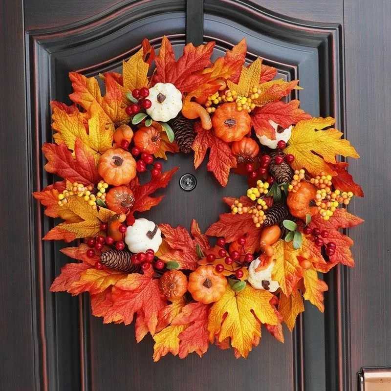 Autumn Door Wreath Christmas Halloween Decoration Pumpkin Berry Pine Cone Maple Artificial Wreath Cloth Rattan Material He H251106-image-1083454258
