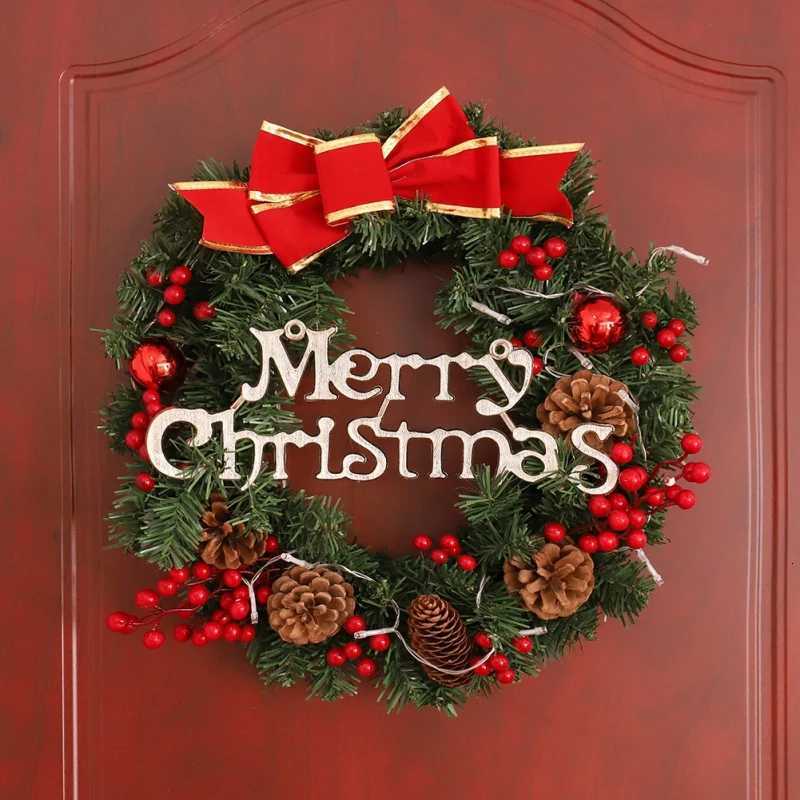 1PC Christmas Front Door Wreath Outdoor Indoor Artificial Green Leaves Lifelike Wreath He Decoration Batteries Not Included H251106-image-1083453209