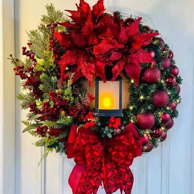 30/40CM Door Wreath With Candle Red Flower Bow Wreath For Front Door Christmas Ornaments Flower Garland Christmas Decorations H251106-image-1083451934