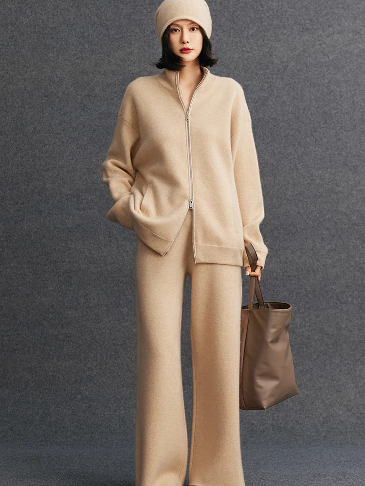 Chic Autumn Winter Women 100 Cashmere Sweater Pants Suit High Neck Knit Cardigan Wide Leg Trousers Set 251105 e9