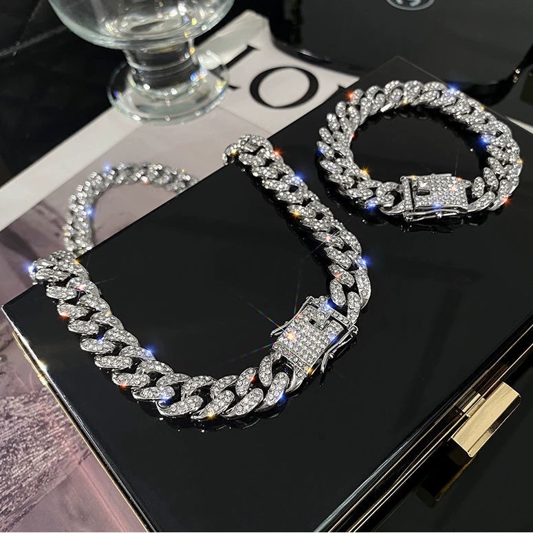 Hiphop Moissanite Cuban Bracelets Necklace 12MM Width Full Diamond Silver/Gold Hip Hop Chain Jewelry For Men-image-785267828