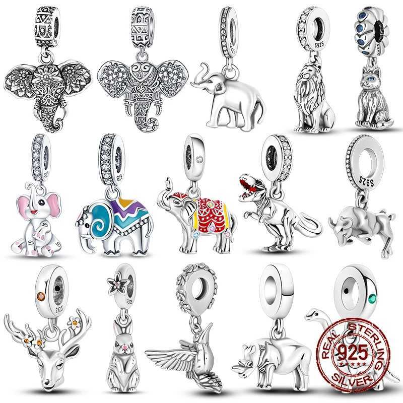 925 Argent Éléphant Lion Rhinocéros Dinosaure Charms Animaux Perles Fit 4MM trou diamètre Bracelets Fine DIY Bijoux De Noël CadeauxXJ251107