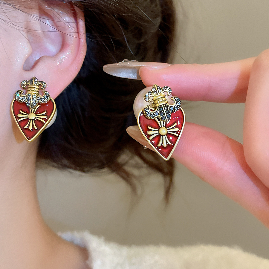Silver Needle Zircon Cross Heart Pearl Double-Sided European and American Retro Light Luxury High-End Earrings for Women-image-1083731037