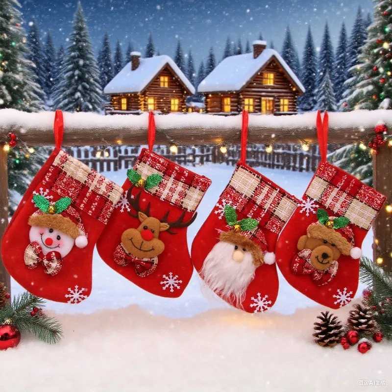 4PCS Red Christmas Stocking Brown Plaid Sock Mouth Santa Claus Snowman Reindeer Bear Doll Christmas Stocking New Year He Decor H251107-image-1083630266