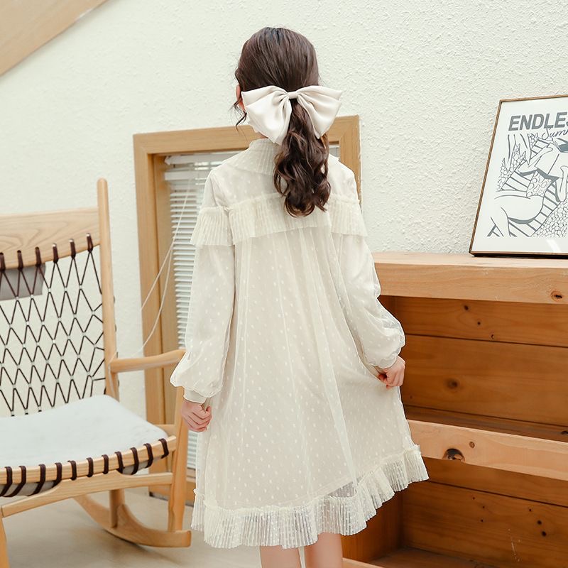 D639 Versatile long-sleeved dress for girls, new spring/autumn 2024 style, Korean style, lace trim, solid color children&#039;s dress for medium-image-1083681038