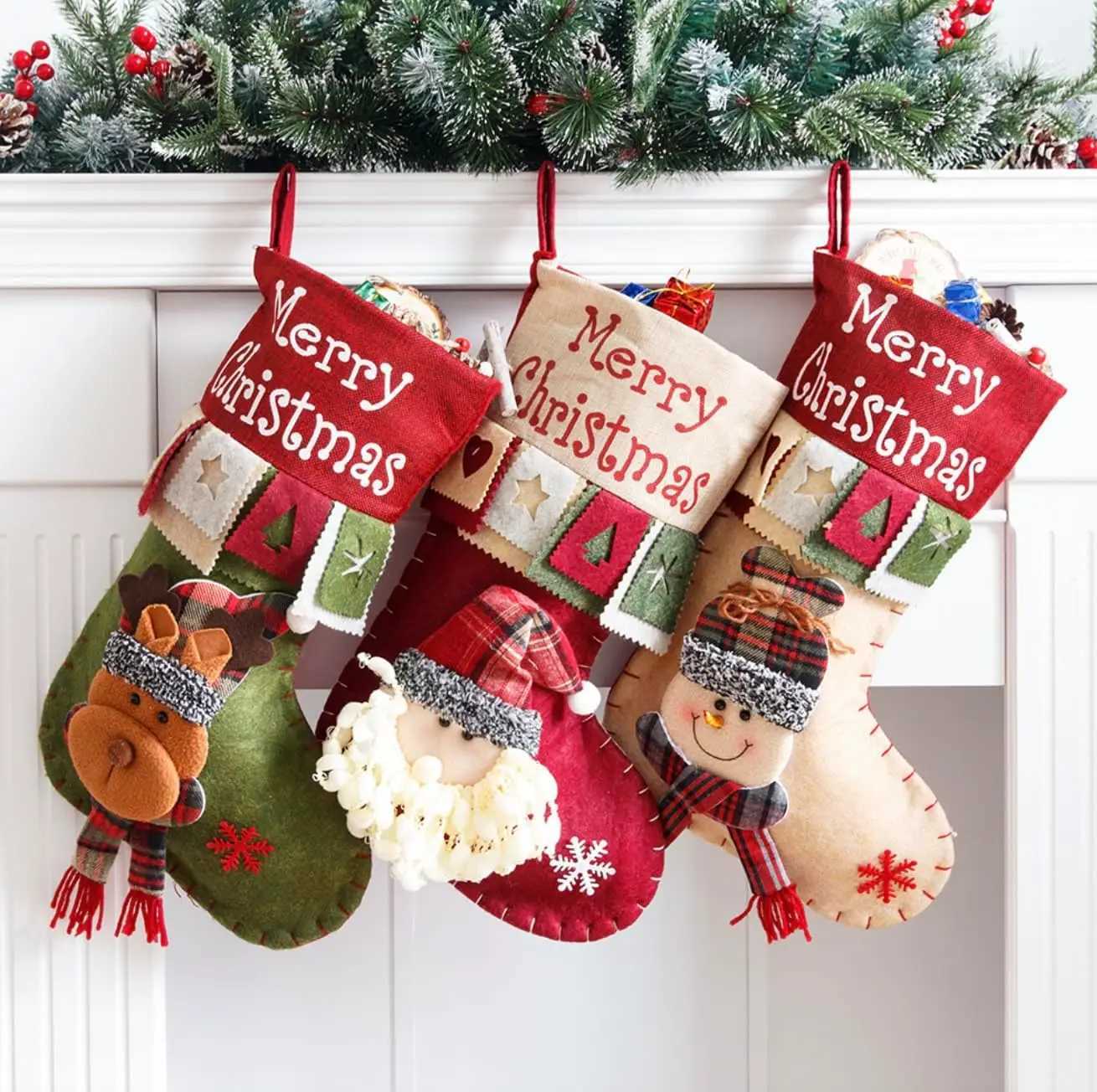 1pc Retro Christmas Stockings18 Santa Snowman Reindeer Candy Gift Bag for Xmas He Decor Hanging Ornament Decorations H251107-image-1083627495